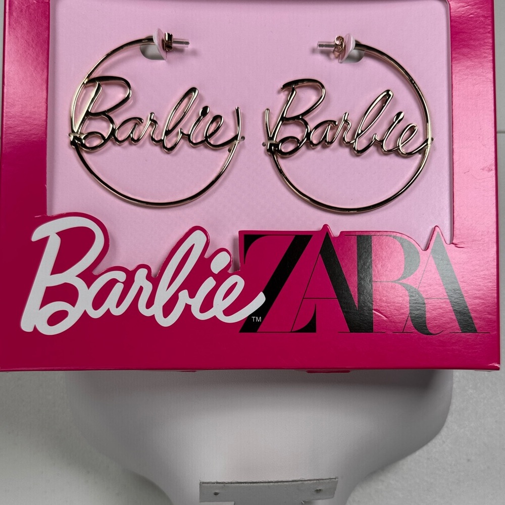 NEW UNOPENED ZARA X Barbie Gold tone Script Hoop Earrings
